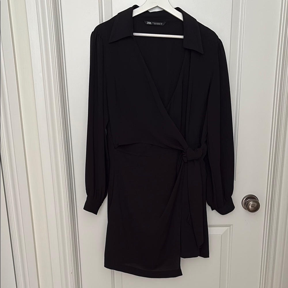 Zara Black Wrap Long Sleeve Dress with Metallic Accents and Side Hidden Zipper